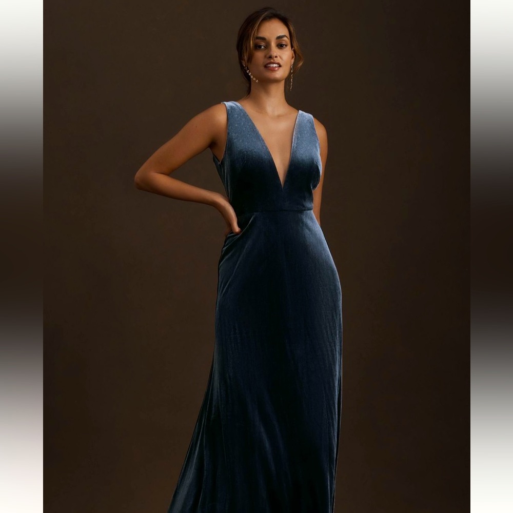 Jenny Yoo velvet floor length dress- deep v  neck with invisible mesh covering